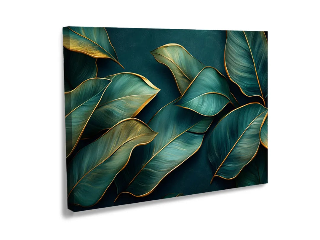Kurkborden op canvas met donkergroene bladeren met goudaccent – formaat 120 × 80 cm