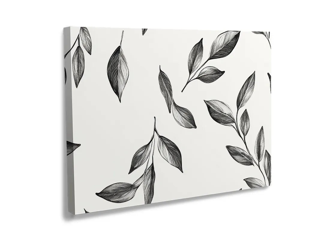 Kurkborden op canvas met zwart-wit vallende bladeren – formaat 120 × 80 cm
