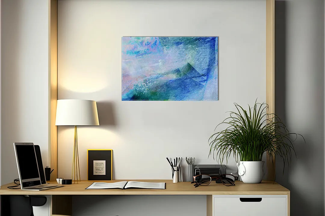 Kork-Pinnwände auf Leinwand mit abstraktes gemälde in blau und lila – Format 140 × 100 cm