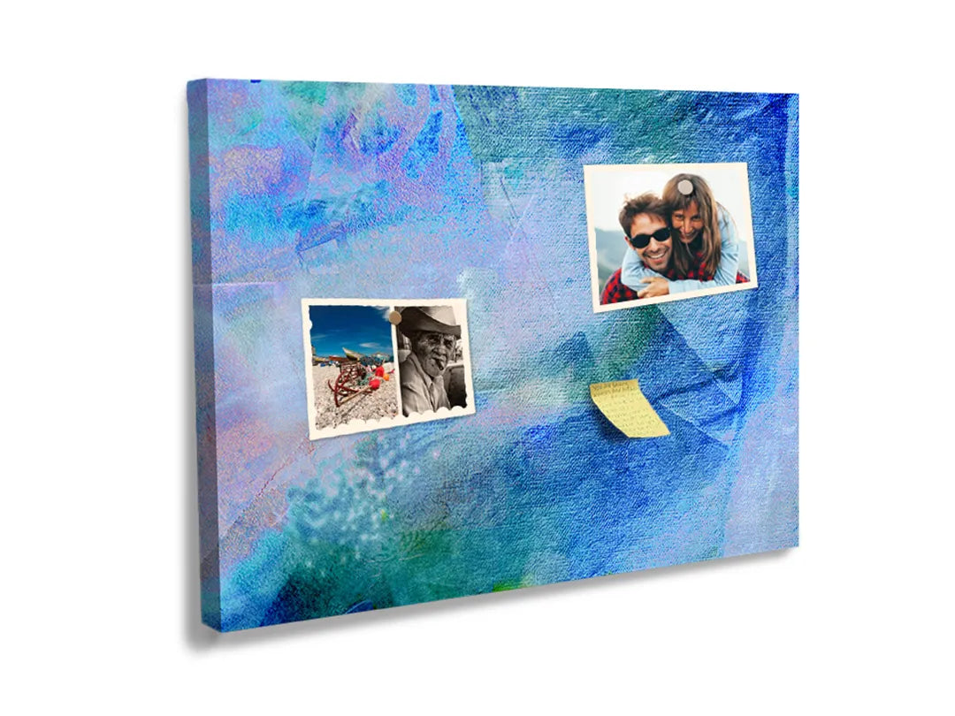 Kork-Pinnwände auf Leinwand mit abstraktes gemälde in blau und lila – Format 60 × 40 cm