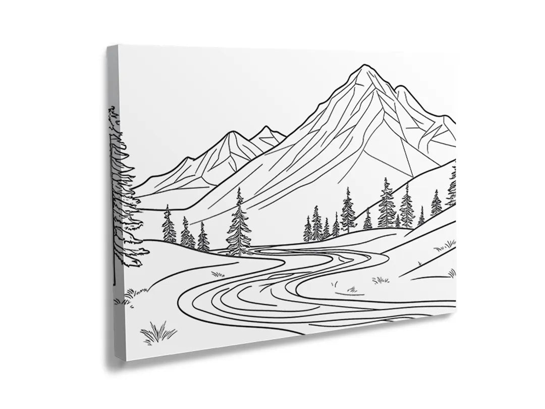 Kurkborden op canvas met berglandschap als zwart-witte kleurplaat – formaat 120 × 80 cm