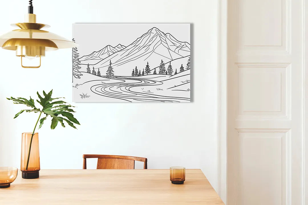 Kurkborden op canvas met berglandschap als zwart-witte kleurplaat – formaat 100 × 70 cm