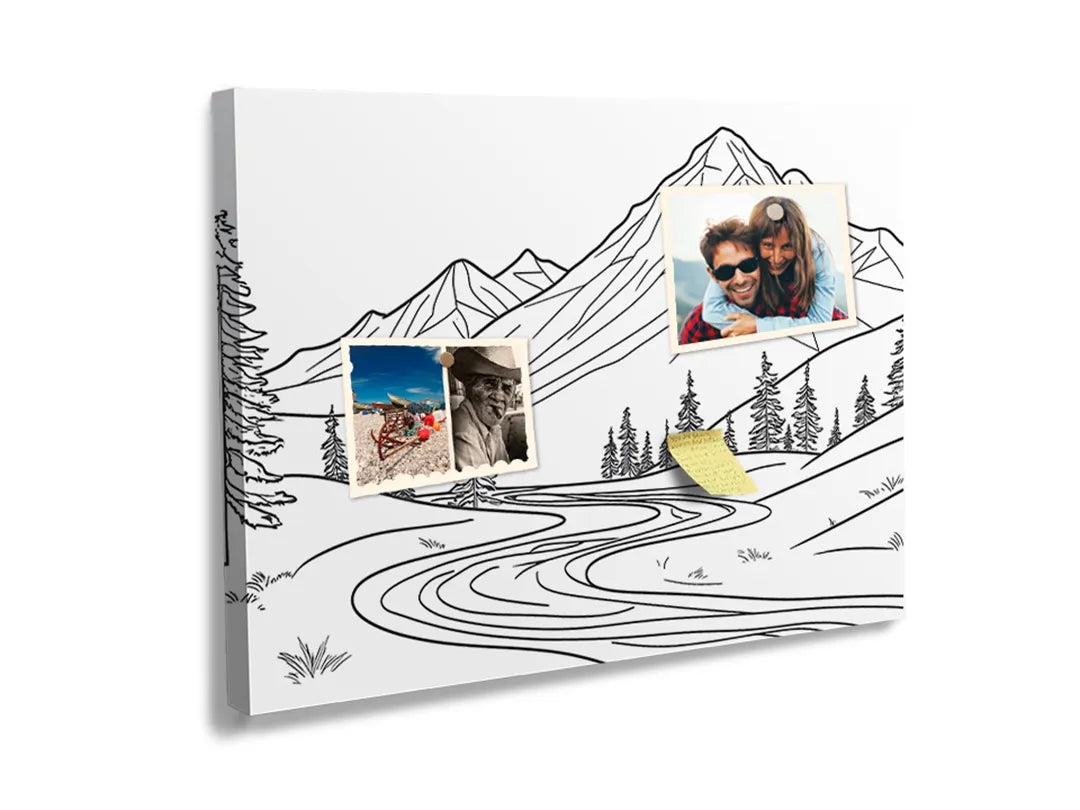 Kurkborden op canvas met berglandschap als zwart-witte kleurplaat – formaat 60 × 40 cm