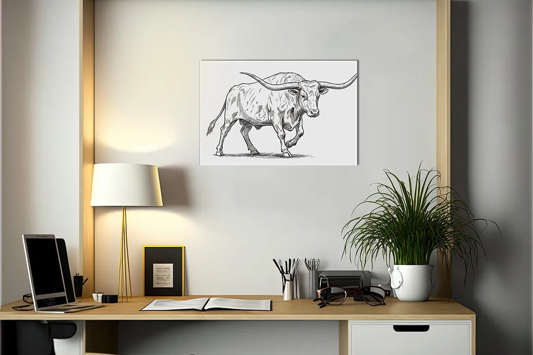 Kurkborden op canvas met gedetailleerde lijntekening van stier – formaat 140 × 100 cm