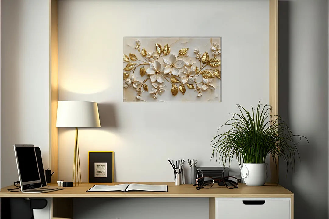 Kurkborden op canvas met witte bloemen met gouden bladeren – formaat 140 × 100 cm