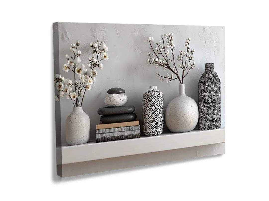 Kurkborden op canvas met minimalistische plank met vazen en boeken – formaat 120 × 80 cm