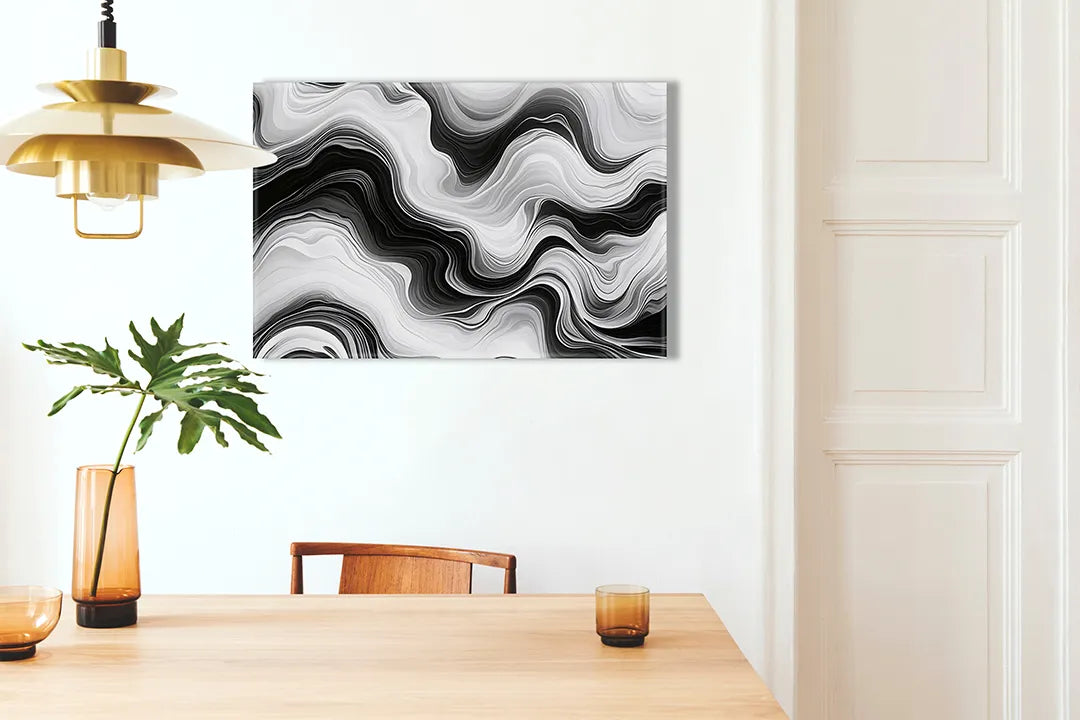 Kurkborden op canvas met zwart-wit marmergolf patroon – formaat 100 × 70 cm