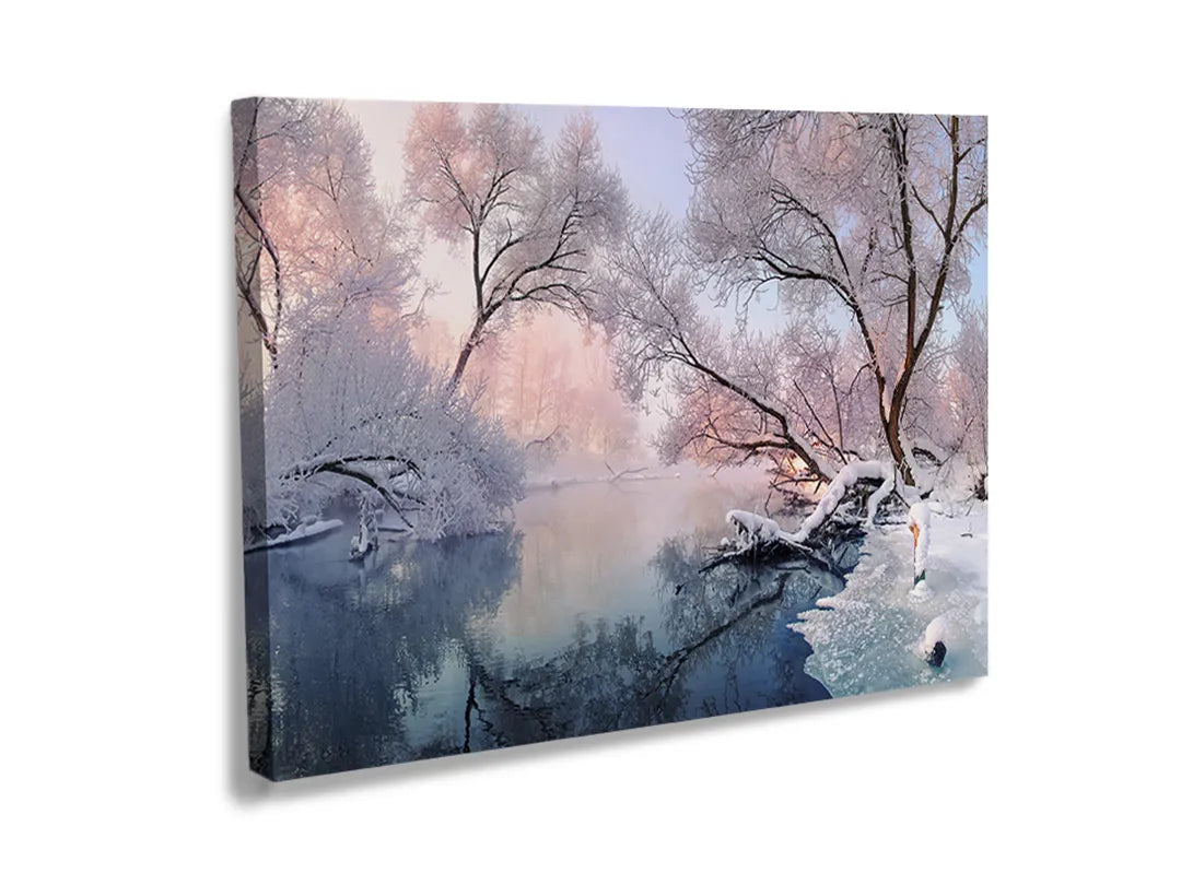 Kurkborden op canvas met winterlandschap met bomen aan het water – formaat 120 × 80 cm