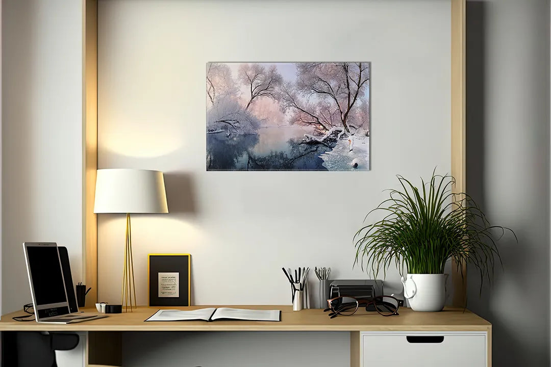 Kurkborden op canvas met winterlandschap met bomen aan het water – formaat 140 × 100 cm