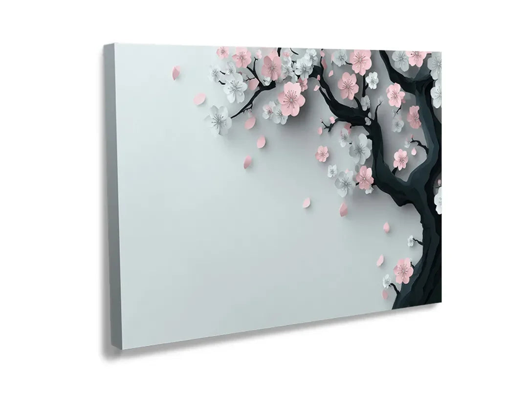 Kurkborden op canvas met roze bloesemtak op grijze achtergrond – formaat 120 × 80 cm