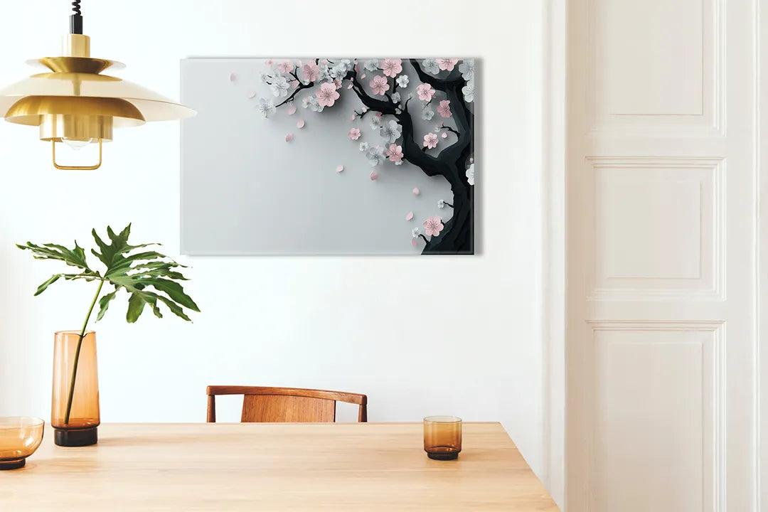 Kurkborden op canvas met roze bloesemtak op grijze achtergrond – formaat 100 × 70 cm