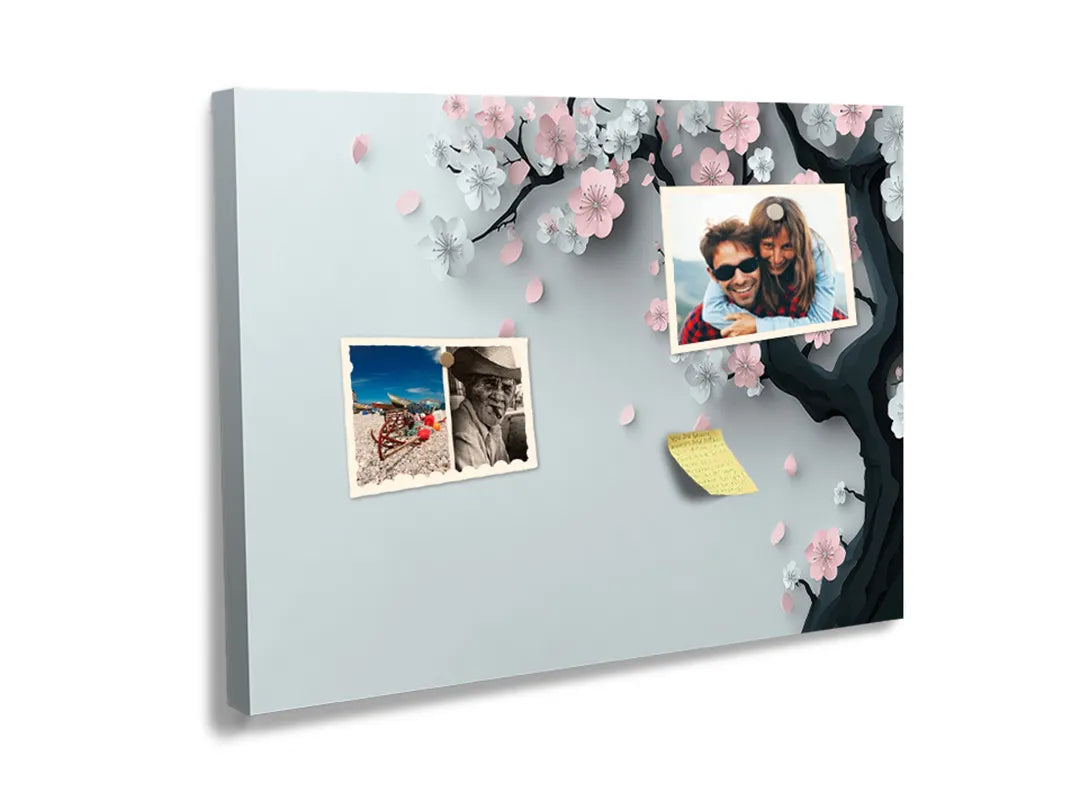 Kurkborden op canvas met roze bloesemtak op grijze achtergrond – formaat 60 × 40 cm
