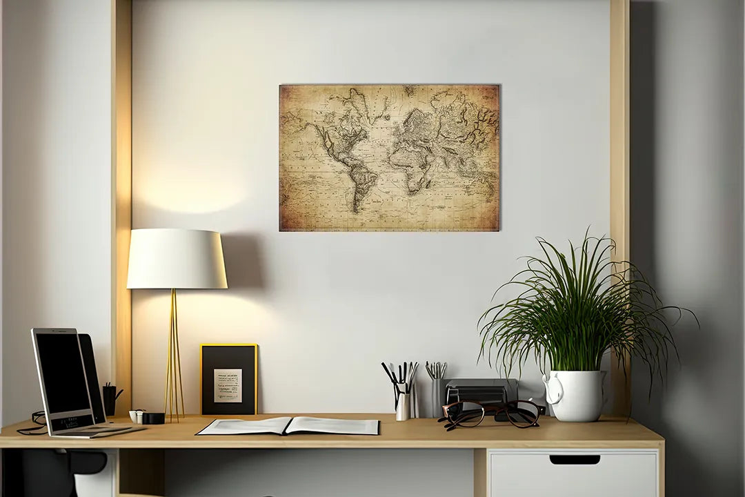 Kork-Pinnwände auf Leinwand mit antike weltkarte op perkament – Format 140 × 100 cm