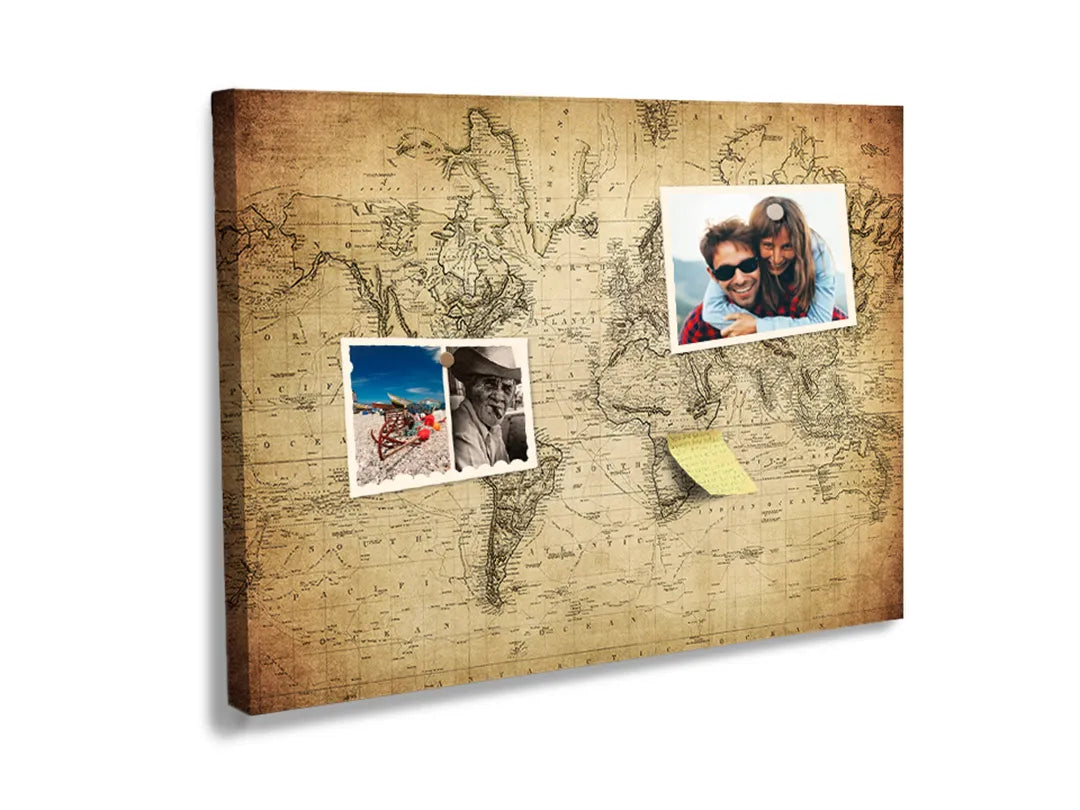 Kork-Pinnwände auf Leinwand mit antike weltkarte op perkament – Format 60 × 40 cm