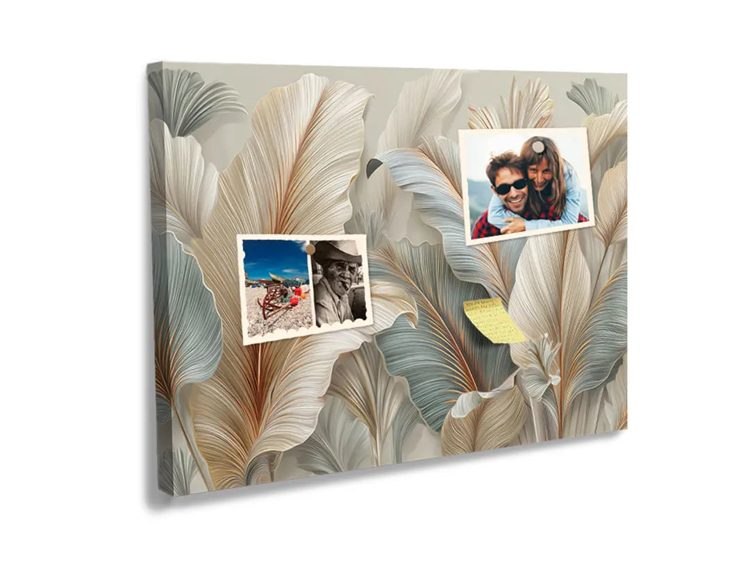 Kurkborden op canvas met zachte veren in beige en mint – formaat 60 × 40 cm