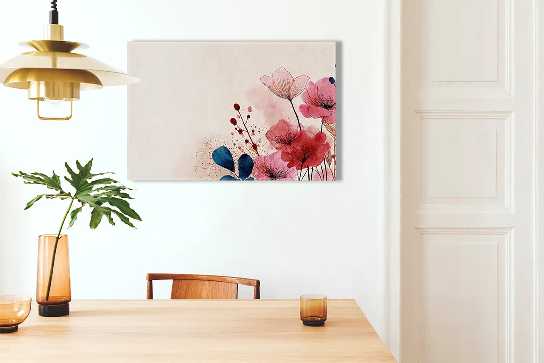 Kurkborden op canvas met aquarelbloemen in roze en blauw – formaat 100 × 70 cm