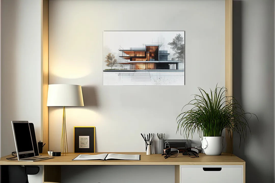 Kurkborden op canvas met moderne woning in architectuurschets – formaat 140 × 100 cm