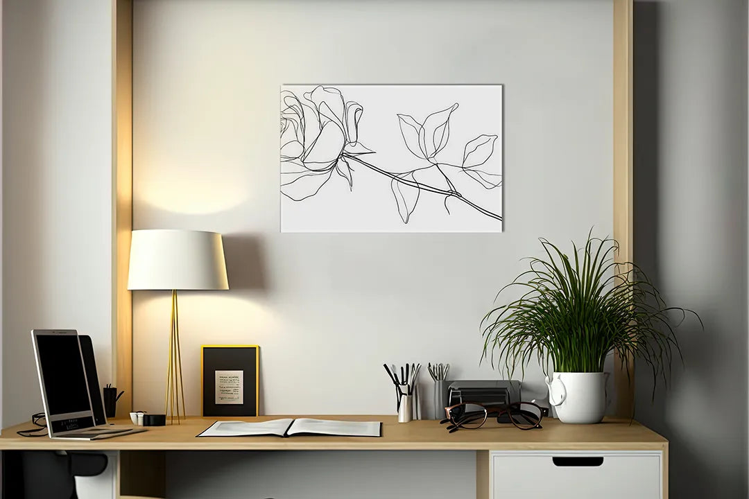 Kurkborden op canvas met minimalistische bloemlijntekening – formaat 140 × 100 cm