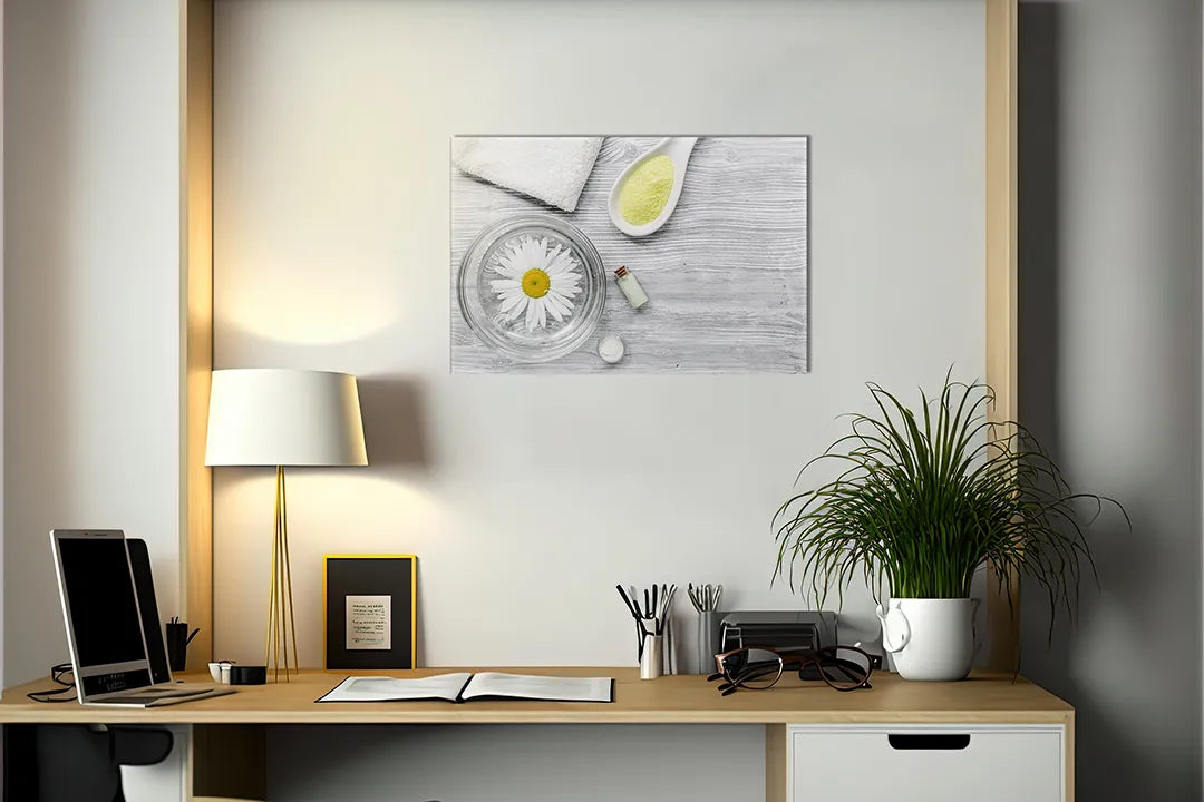 Kurkborden op canvas met wellness compositie met kamille – formaat 140 × 100 cm