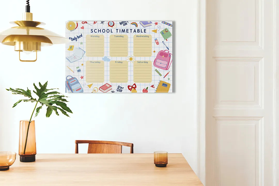 Kurkborden op canvas met kleurrijk schoolrooster – formaat 100 × 70 cm
