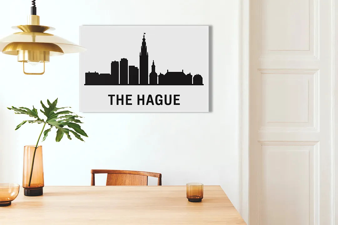 Kurkborden op canvas met skyline van den haag in zwart-wit – formaat 100 × 70 cm