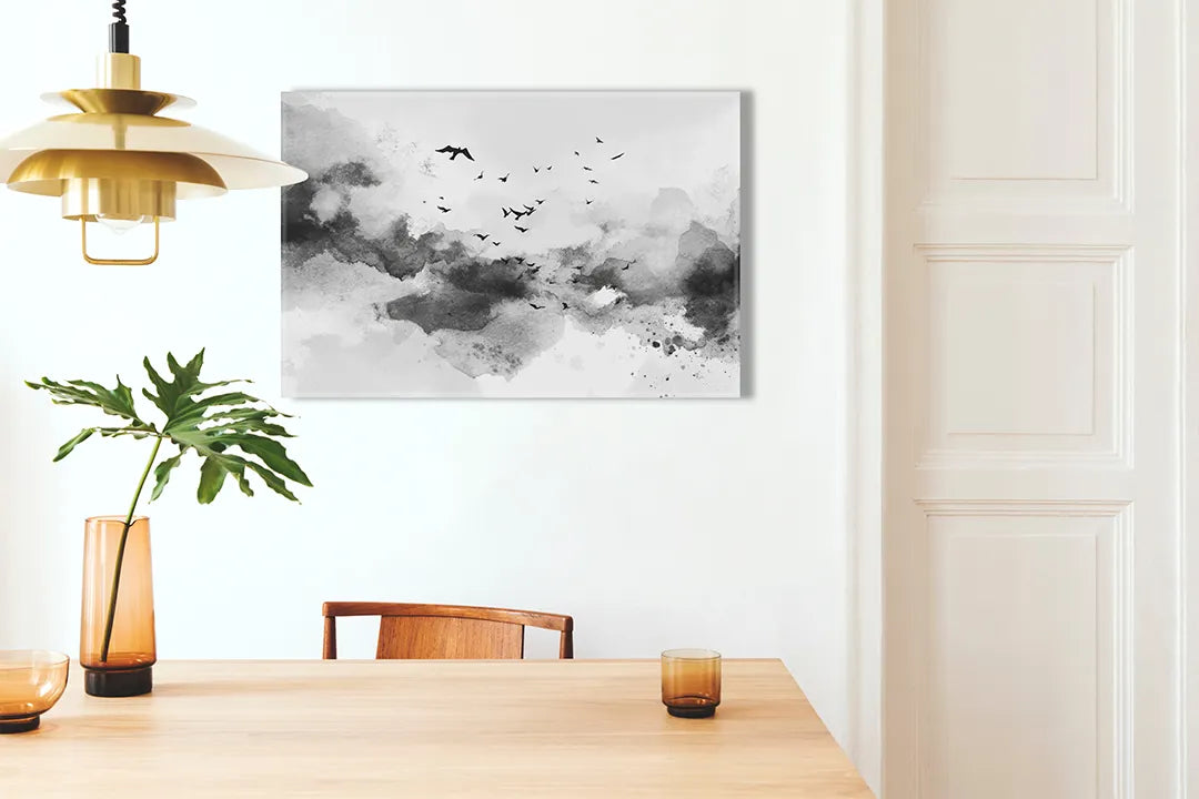 Kurkborden op canvas met zwart-wit aquarellandschap met vogels – formaat 100 × 70 cm