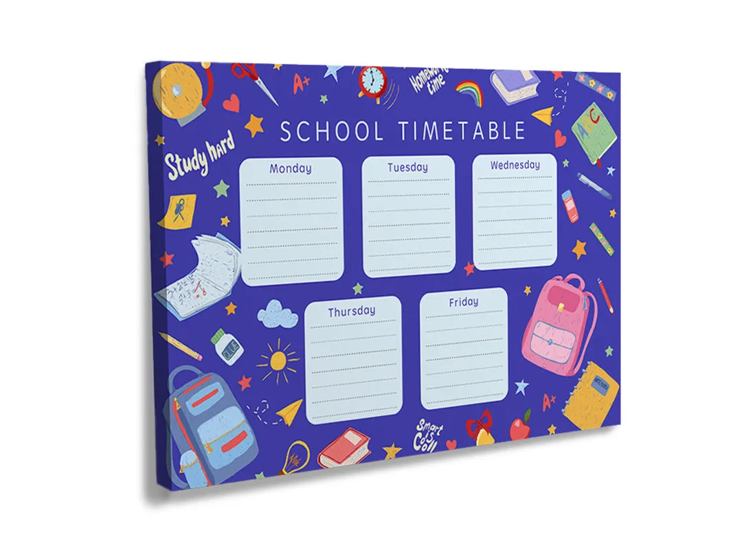 Kurkborden op canvas met paars schoolrooster met ruimte-elementen – formaat 120 × 80 cm