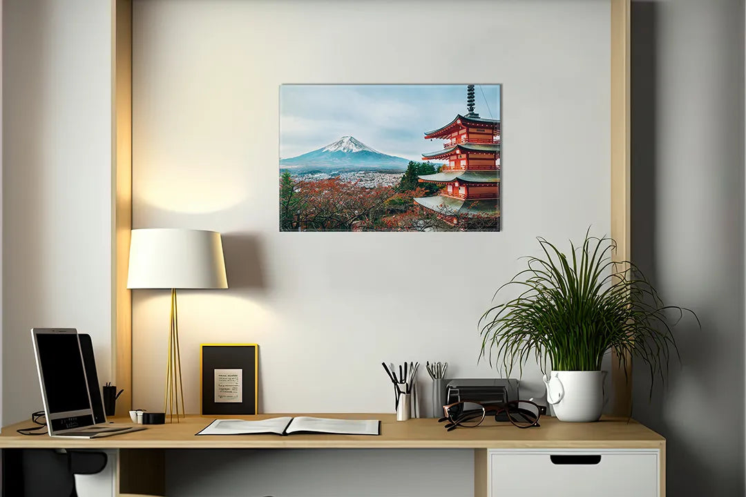 Kork-Pinnwände auf Leinwand mit japanische pagode mit mount fuji – Format 140 × 100 cm