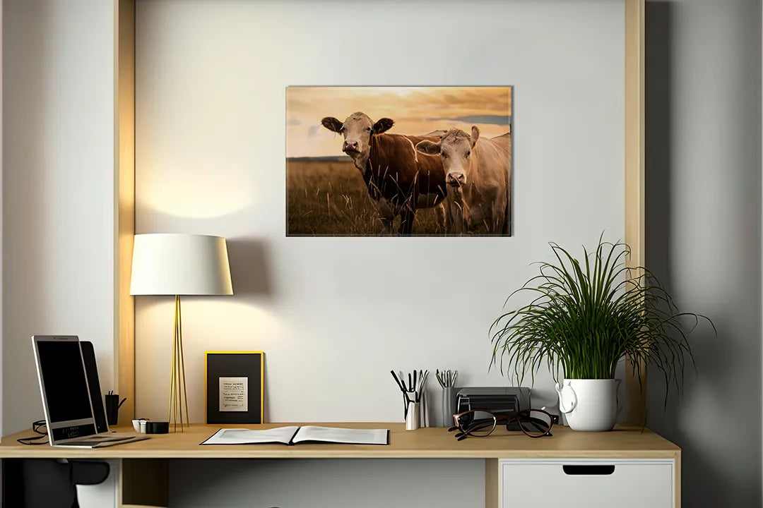 Kork-Pinnwände auf Leinwand mit kühe auf einer weide bei sonnenuntergang – Format 140 × 100 cm
