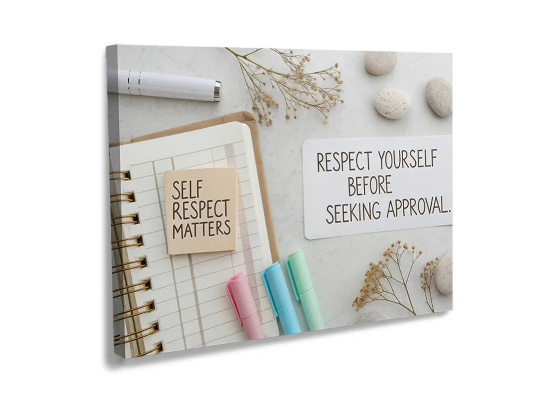 Kurkborden op canvas met notitieboek met quote over zelfrespect – formaat 120 × 80 cm