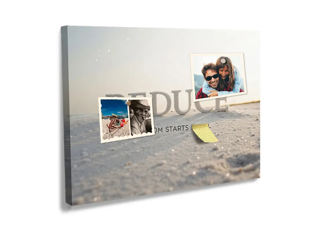 Kurkborden op canvas met reduce quote op rustig strand – formaat 60 × 40 cm