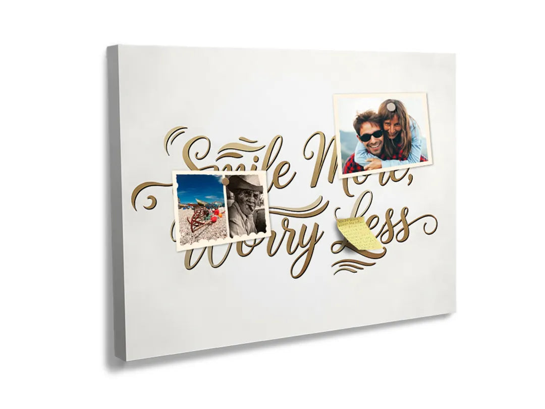 Kurkborden op canvas met smile more worry less kalligrafie – formaat 60 × 40 cm
