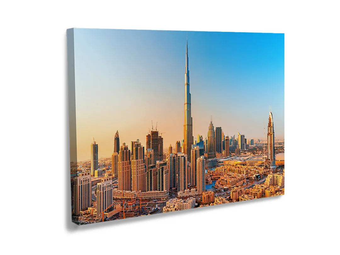 Kork-Pinnwände auf Leinwand mit skyline von dubai mit burj khalifa – Format 120 × 80 cm