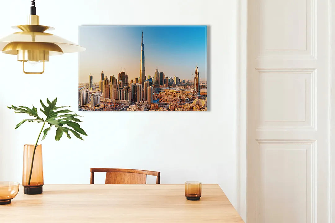 Kork-Pinnwände auf Leinwand mit skyline von dubai mit burj khalifa – Format 100 × 70 cm
