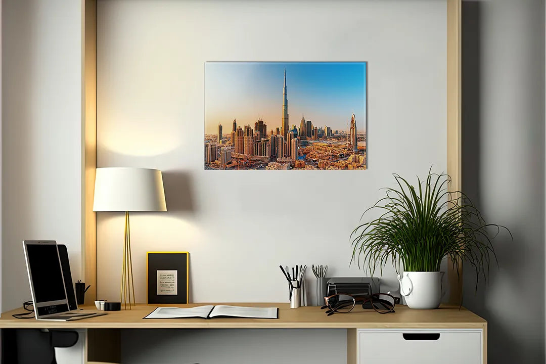 Kork-Pinnwände auf Leinwand mit skyline von dubai mit burj khalifa – Format 140 × 100 cm