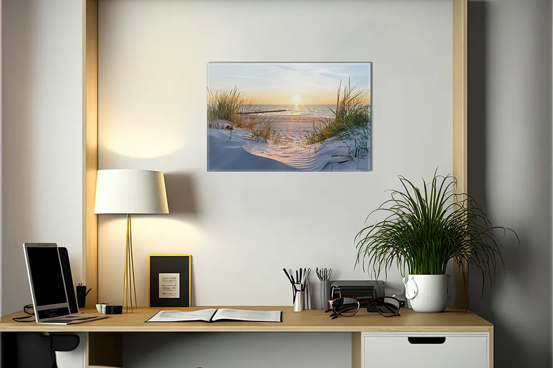 Kurkborden op canvas met zonnige duinen aan zee – formaat 140 × 100 cm