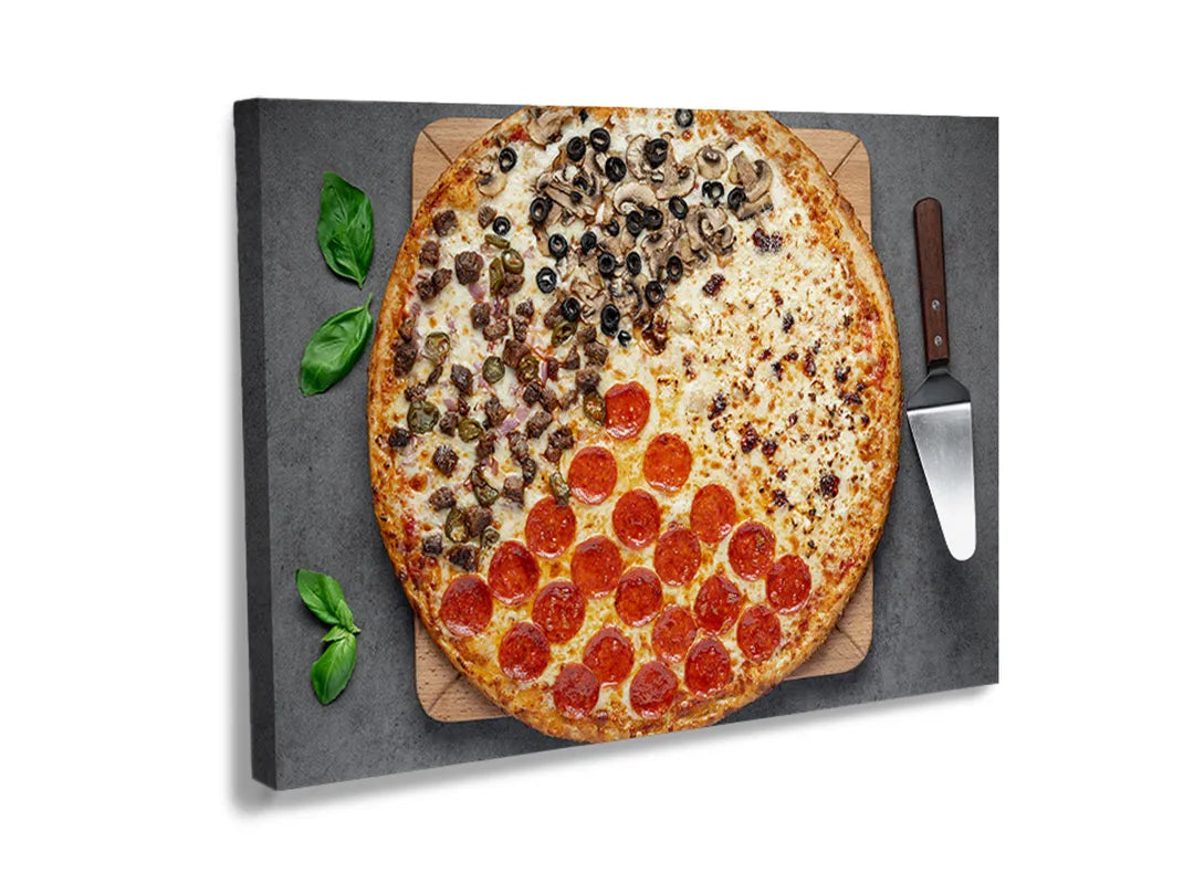 Kurkborden op canvas met pizza met verschillende toppings – formaat 120 × 80 cm