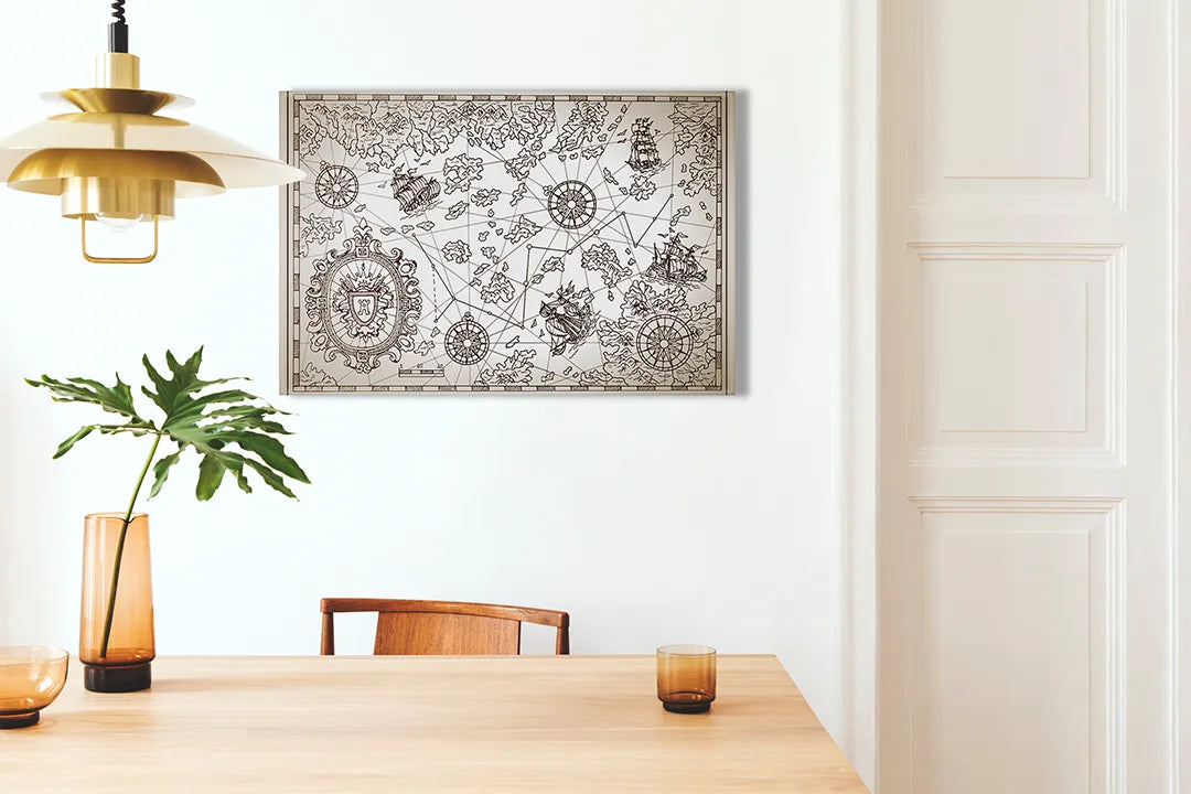 Kurkborden op canvas met vintage nautische kaart met schepen – formaat 100 × 70 cm