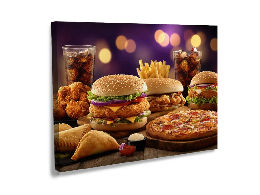 Kurkborden op canvas met fastfood assortiment met burgers en pizza – formaat 120 × 80 cm