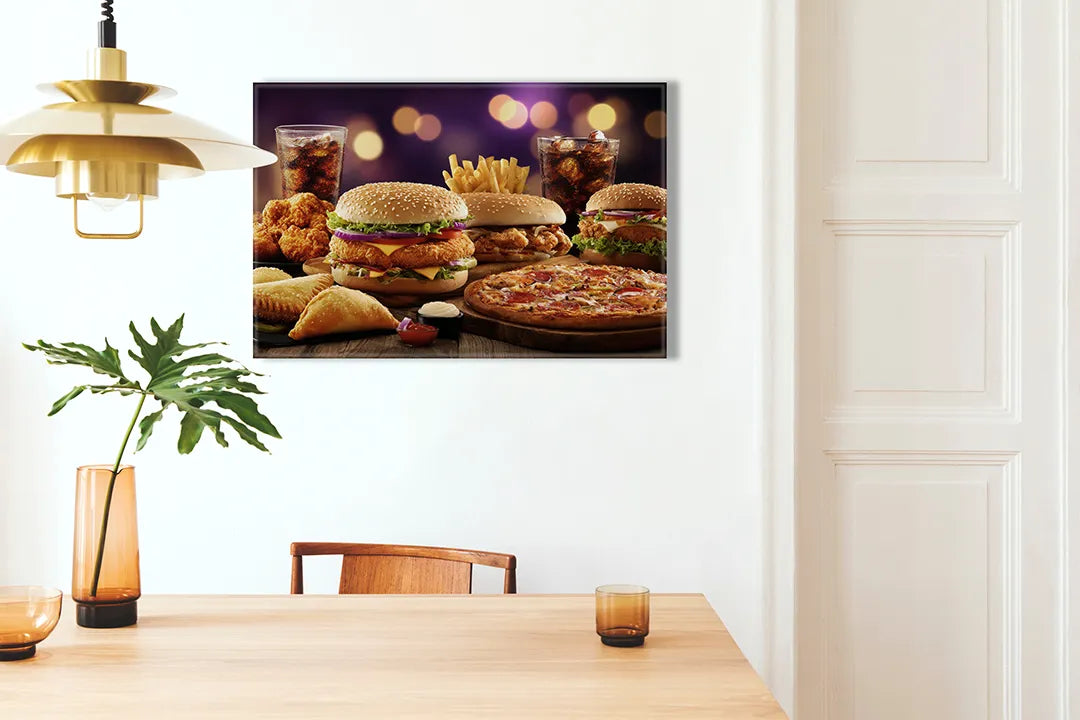 Kurkborden op canvas met fastfood assortiment met burgers en pizza – formaat 100 × 70 cm