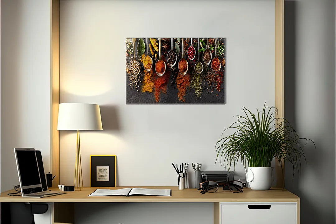 Kork-Pinnwände auf Leinwand mit kräuter und gewürze in holzlöffeln – Format 140 × 100 cm