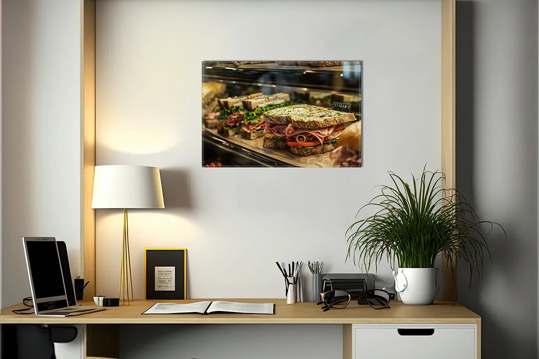 Kurkborden op canvas met broodjes en snacks in vitrine – formaat 140 × 100 cm