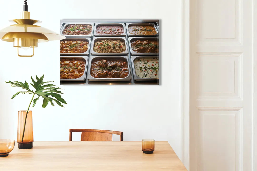 Kurkborden op canvas met maaltijdbakken met diverse gerechten – formaat 100 × 70 cm