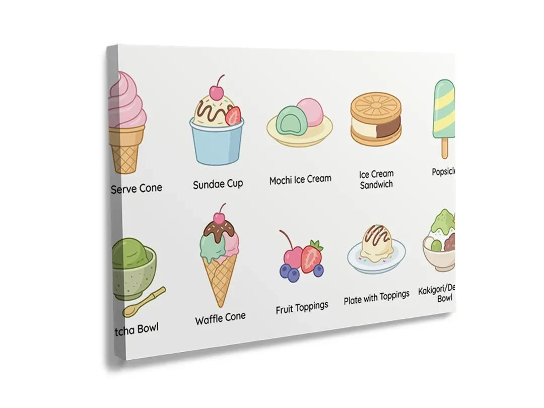 Kurkborden op canvas met kleurrijke dessertillustraties – formaat 120 × 80 cm