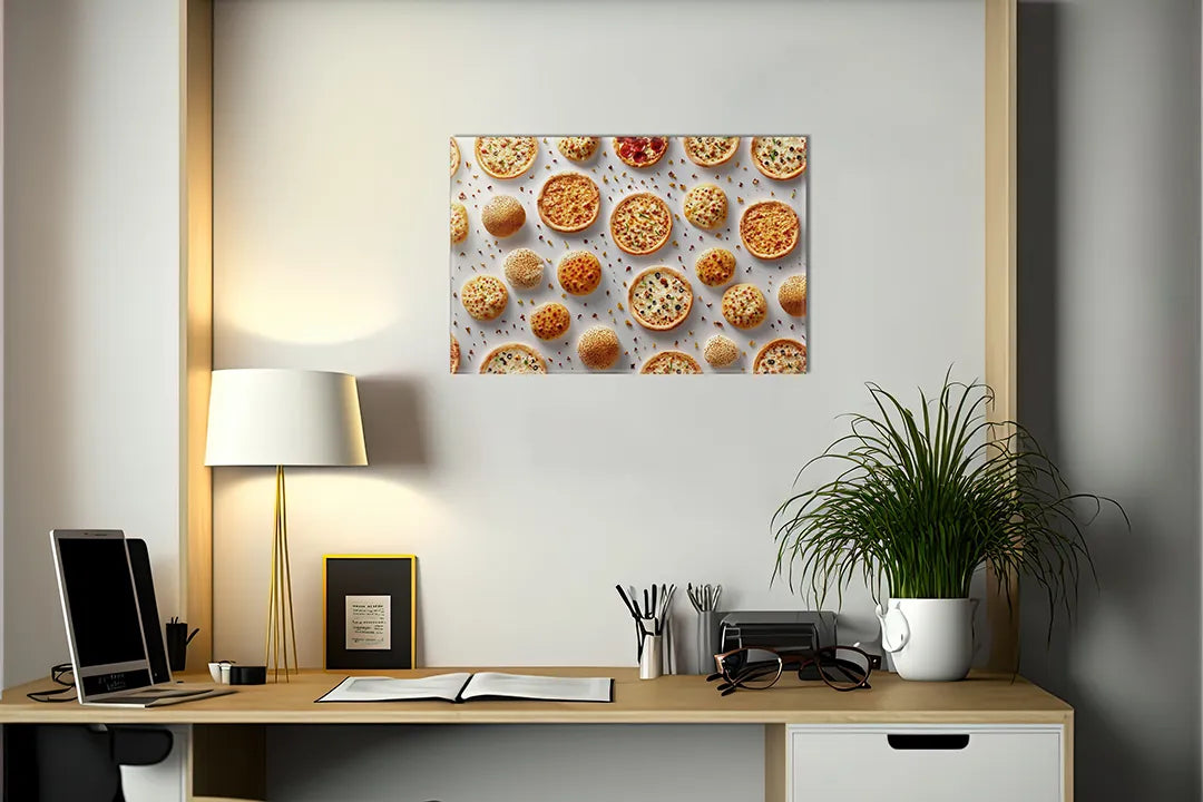Kurkborden op canvas met patroon van kleine pizza's – formaat 140 × 100 cm