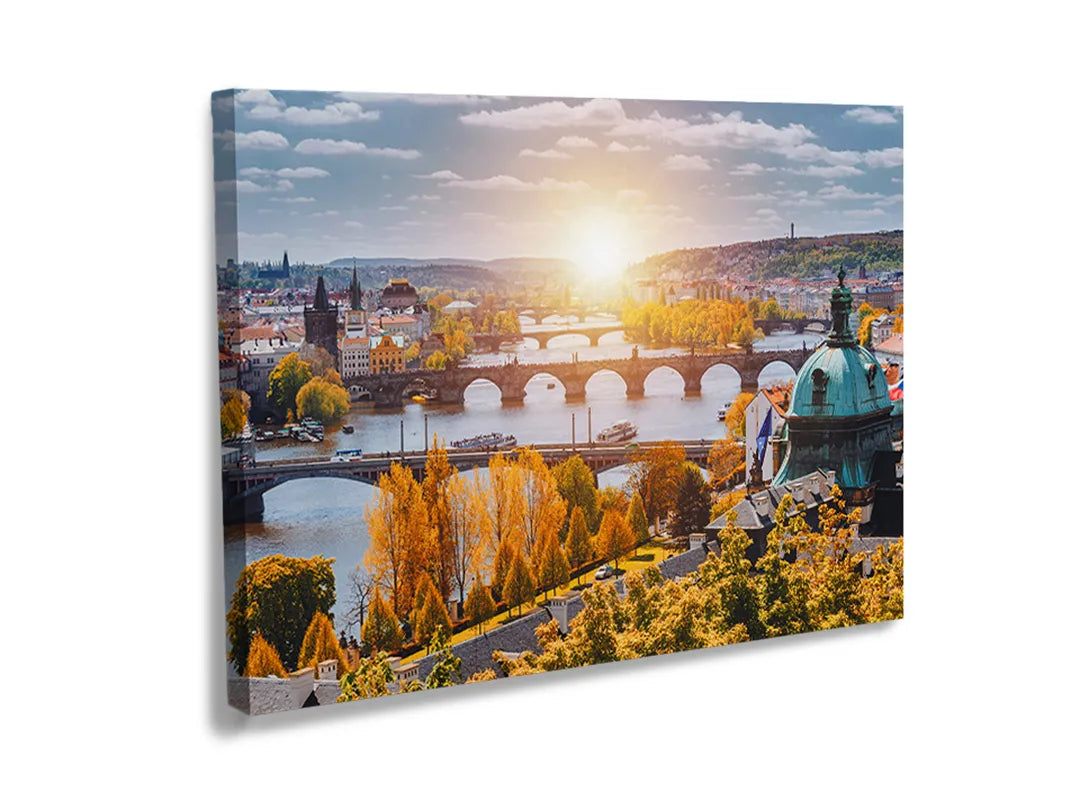 Kork-Pinnwände auf Leinwand mit panorama von prag bei sonnenuntergang – Format 120 × 80 cm