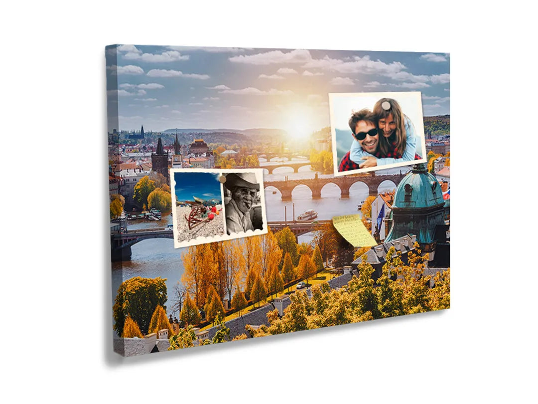 Kork-Pinnwände auf Leinwand mit panorama von prag bei sonnenuntergang – Format 60 × 40 cm