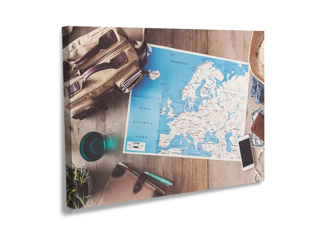 Kork-Pinnwände auf Leinwand mit reiseplanung mit europakarte – Format 120 × 80 cm
