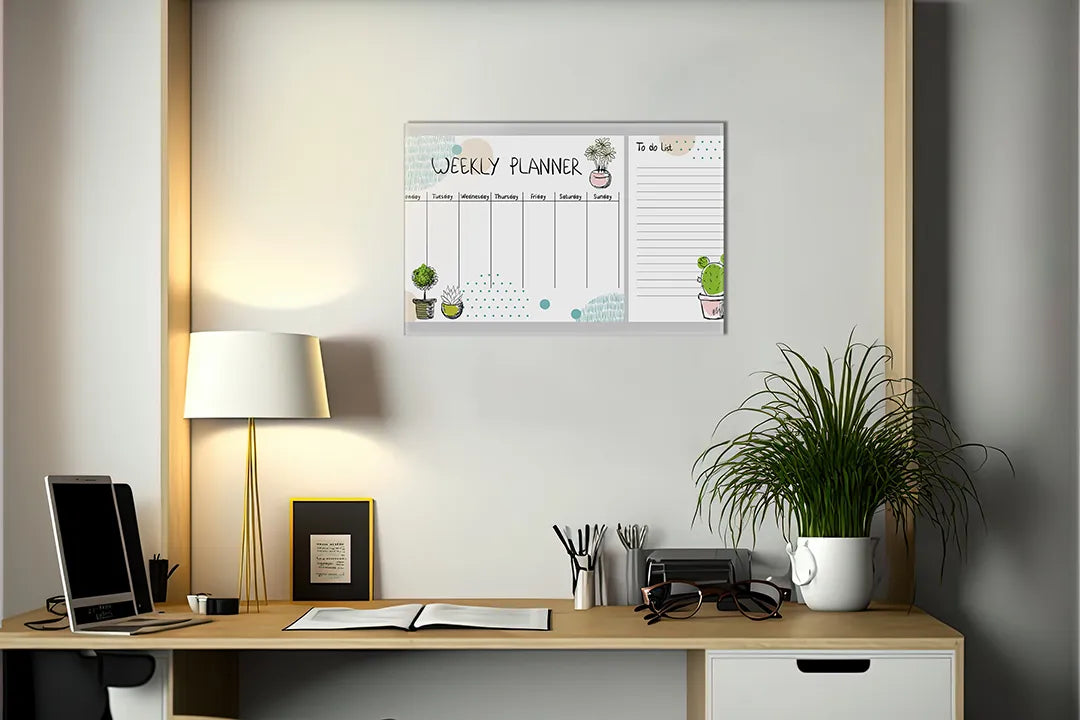 Kurkborden op canvas met weekplanner met cactusillustraties – formaat 140 × 100 cm