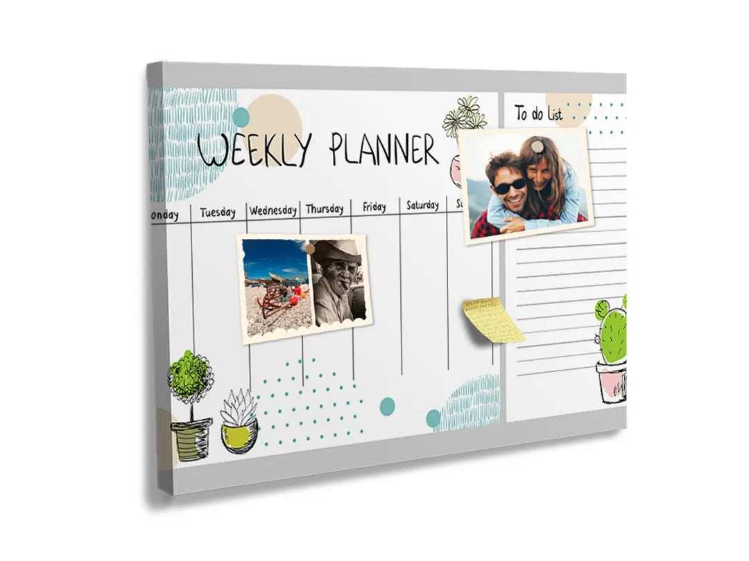 Kurkborden op canvas met weekplanner met cactusillustraties – formaat 60 × 40 cm
